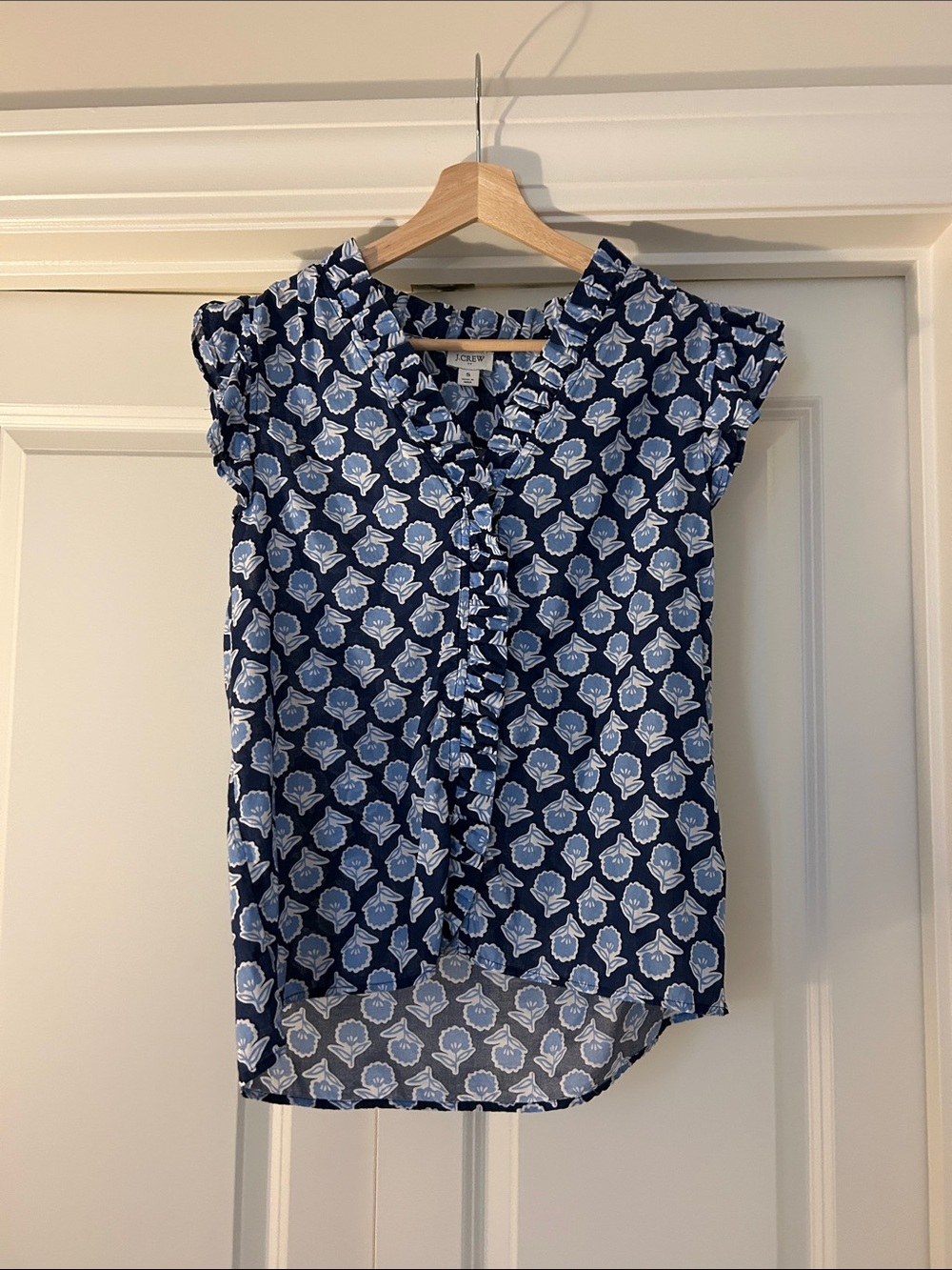 J. Crew Navy and Light Blue Floral Ruffle Cap-Sleeve Blouse